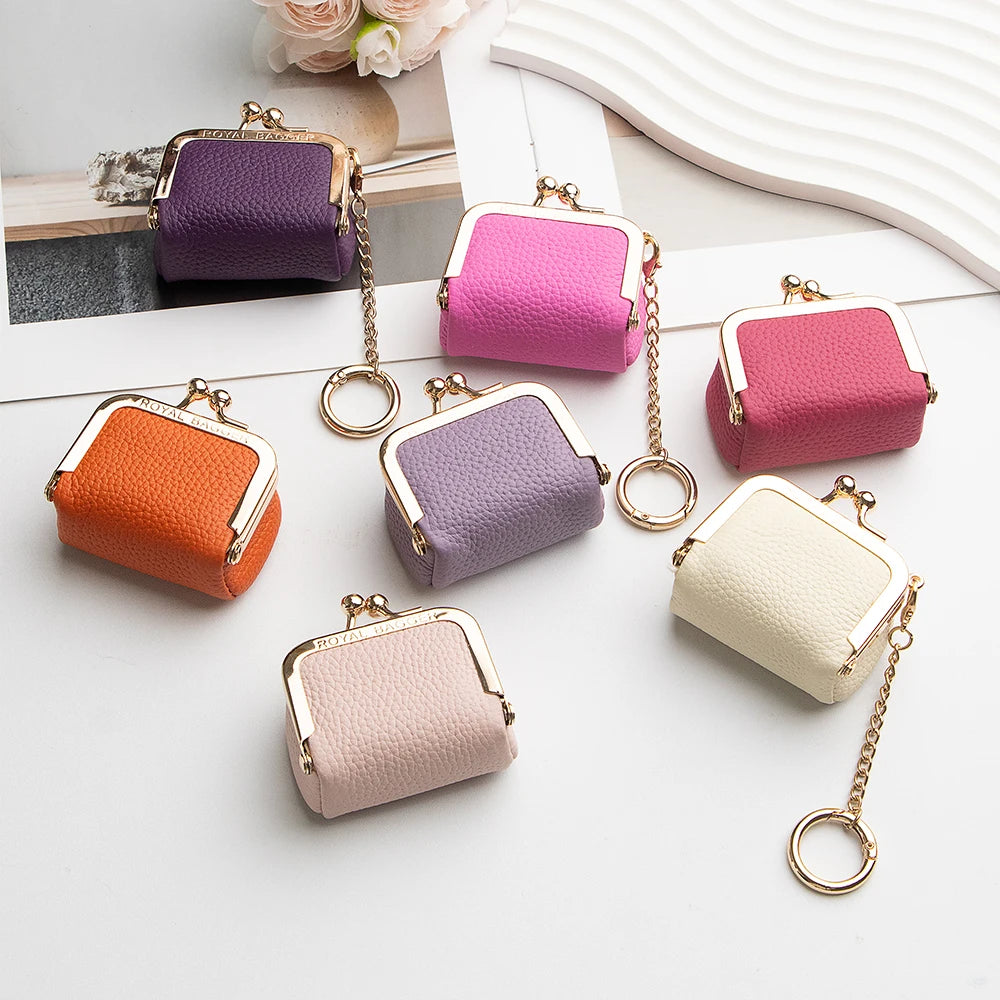 Royal Bagger Wallet Genuine Leather Kiss Lock Coin Purse Solid Color Square Leather Jewelry Bag Multifunctional Mini Small Item