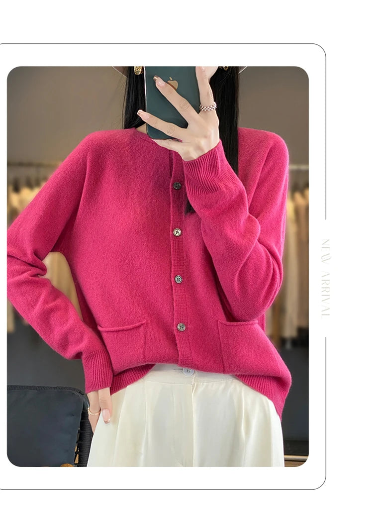 Women's Round Neck Knitted Solid Color Double Pocket Sweater For Autumn And Winter Warm And Loose Knit Cardigan Soft Wool Top ZD