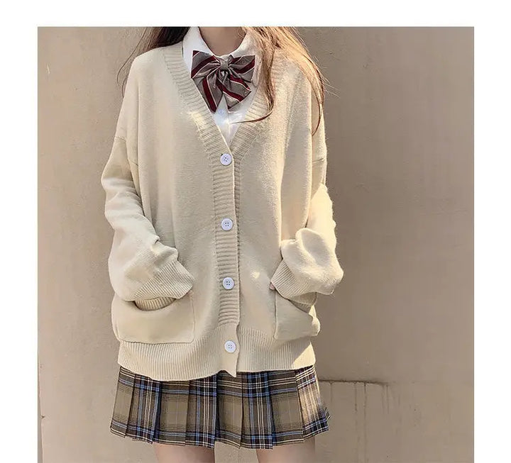 Japanese School Basic Sweaters Women Autumn Kawaii Solid V-neck Loose Knitted Cardigan Preppy Style Uniform Cosplay