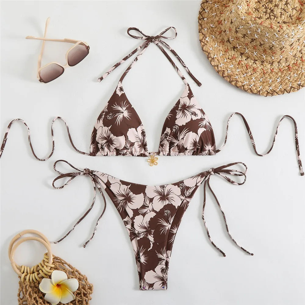 Blue Floral Print Swimwear Halter String Triangle Bikini Micro Mini Thong Sexy Swimsuit Women 2026 Bather Biquinis Bikinis Sets