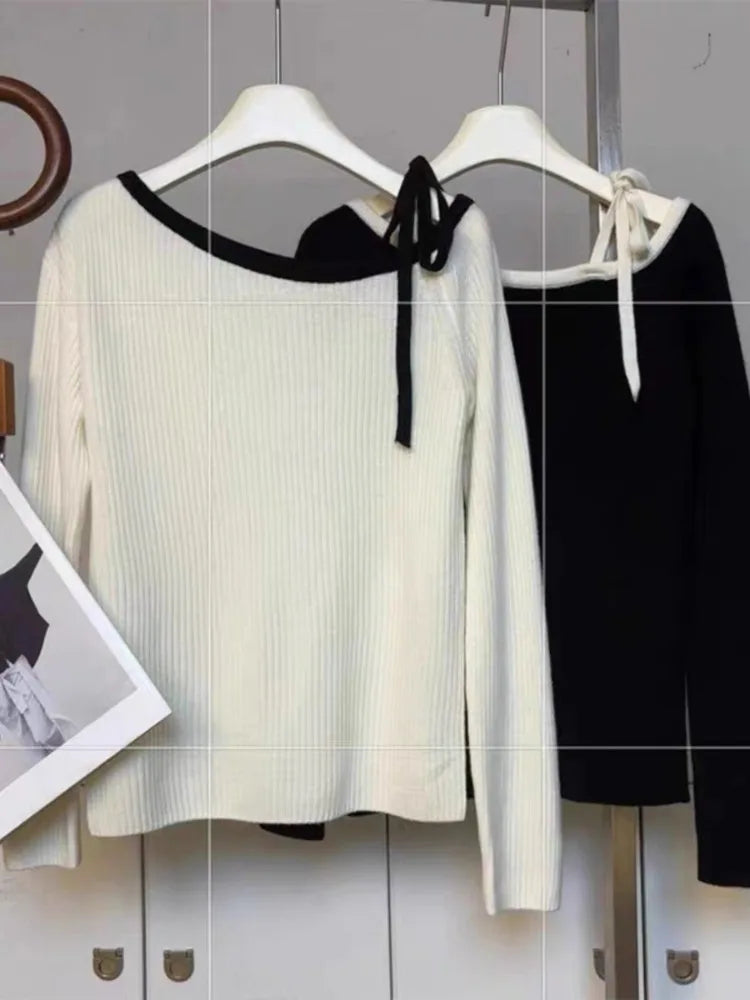 Fashion Autumn Women Knitted Top Pullover Off-shoulder Sweater Elegant Korean Style Knitwear Long Sleeve Casual Fall Clothing