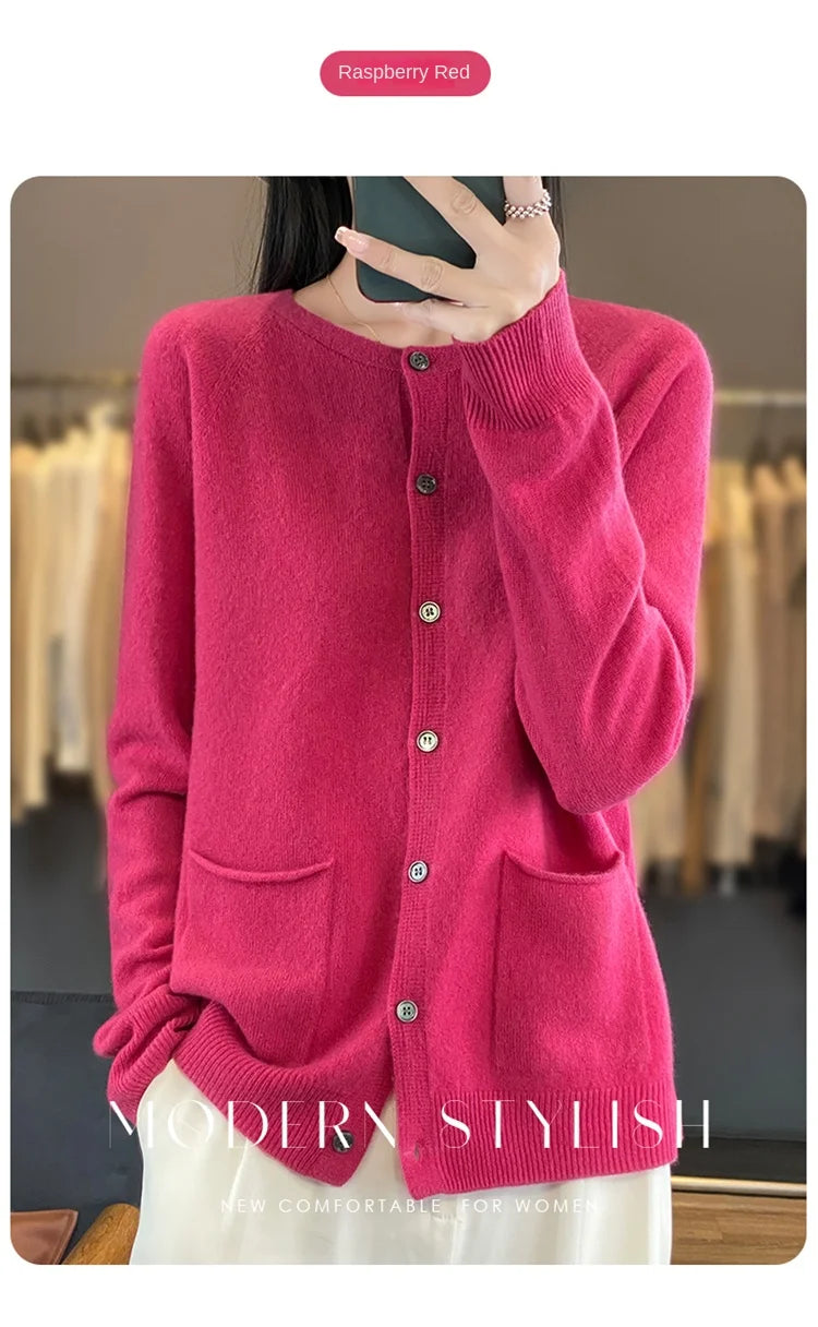 Women's Round Neck Knitted Solid Color Double Pocket Sweater For Autumn And Winter Warm And Loose Knit Cardigan Soft Wool Top ZD