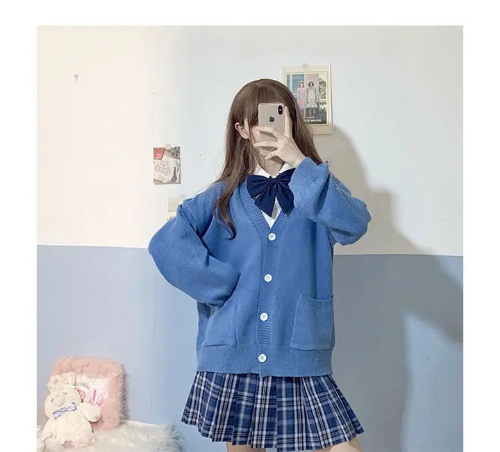 Japanese School Basic Sweaters Women Autumn Kawaii Solid V-neck Loose Knitted Cardigan Preppy Style Uniform Cosplay