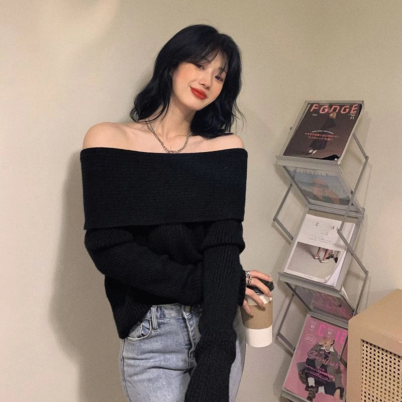 Smvp Slash Neck Knitted Sweater Women Sexy Off Shoulder Long Sleeve Pullovers Female Korean Elegant Thicken Slim Jumpers Top