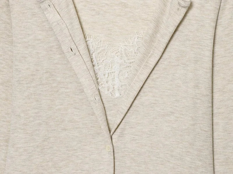 MUJER Lace Cropped Cardigan Women Button up Knit Tops Woman Vintage Knitwears Long Sleeve Knitted Cardigans Sweaters for Women