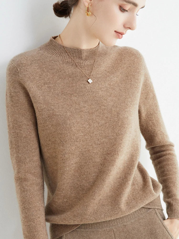 Women 100% Merino Wool Sweater For Autumn Winter  First Line Seamless Half-high Collar Pullover Basic Top OL Solid Soft Cashmere