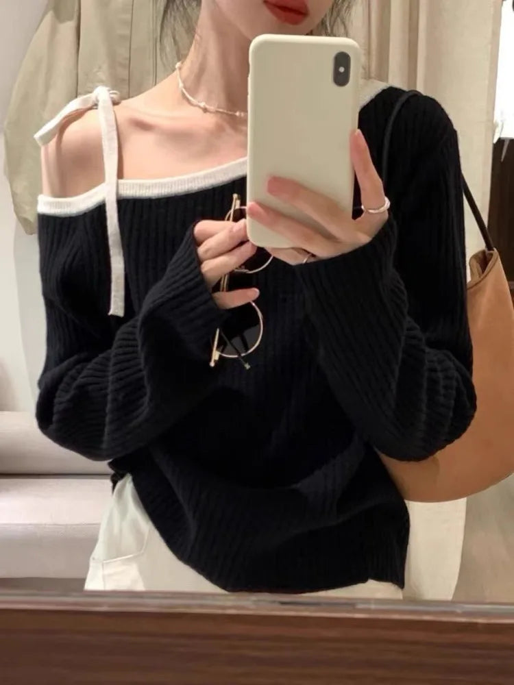 Fashion Autumn Women Knitted Top Pullover Off-shoulder Sweater Elegant Korean Style Knitwear Long Sleeve Casual Fall Clothing