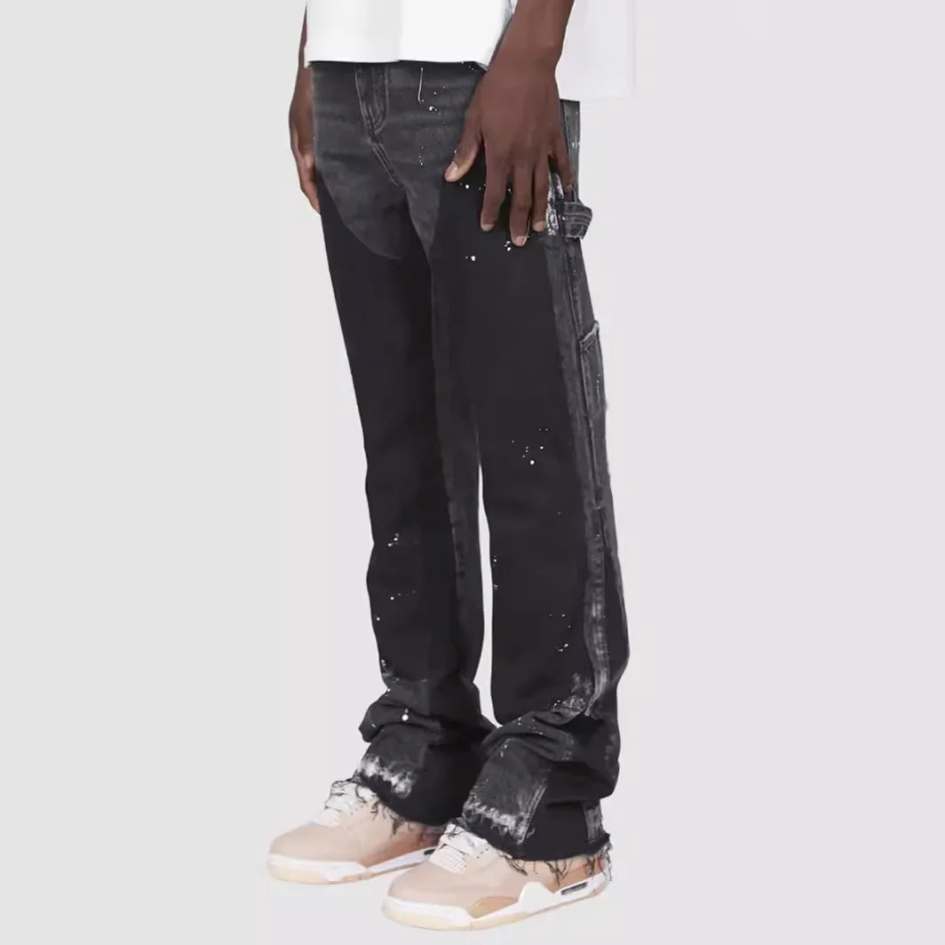 2025 Men's Fashion Jeans Work Pants, European and American Fashion Workwear Elastic Patchwork Denim Layered Flared Pants S-XXL