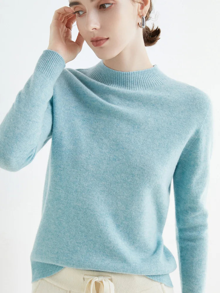 Women 100% Merino Wool Sweater For Autumn Winter  First Line Seamless Half-high Collar Pullover Basic Top OL Solid Soft Cashmere