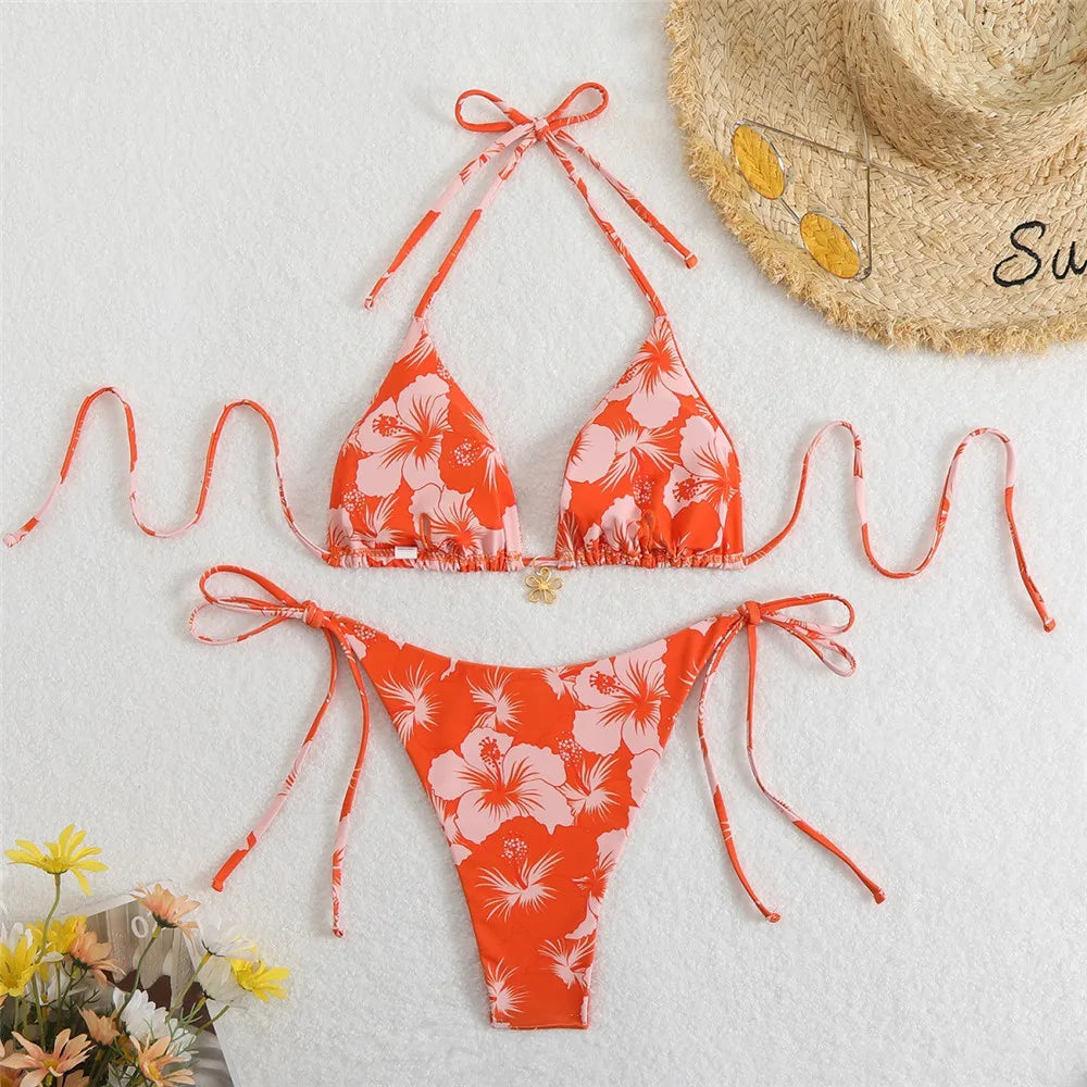 Blue Floral Print Swimwear Halter String Triangle Bikini Micro Mini Thong Sexy Swimsuit Women 2026 Bather Biquinis Bikinis Sets
