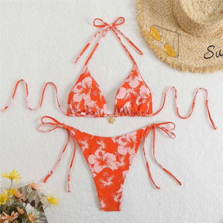 Blue Floral Print Swimwear Halter String Triangle Bikini Micro Mini Thong Sexy Swimsuit Women 2026 Bather Biquinis Bikinis Sets