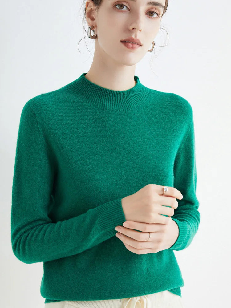 Women 100% Merino Wool Sweater For Autumn Winter  First Line Seamless Half-high Collar Pullover Basic Top OL Solid Soft Cashmere