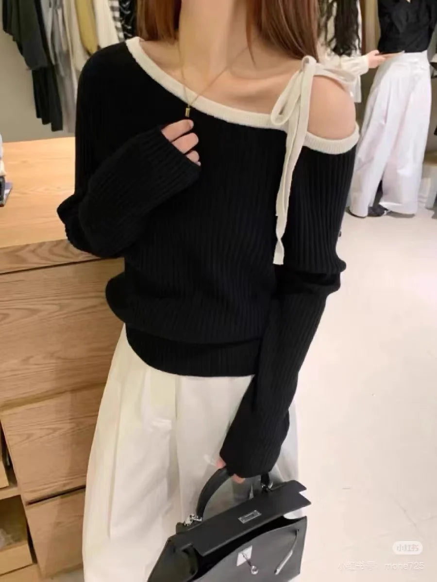 Fashion Autumn Women Knitted Top Pullover Off-shoulder Sweater Elegant Korean Style Knitwear Long Sleeve Casual Fall Clothing