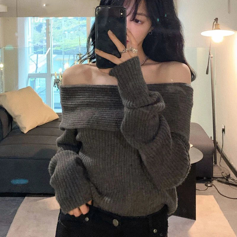 Smvp Slash Neck Knitted Sweater Women Sexy Off Shoulder Long Sleeve Pullovers Female Korean Elegant Thicken Slim Jumpers Top