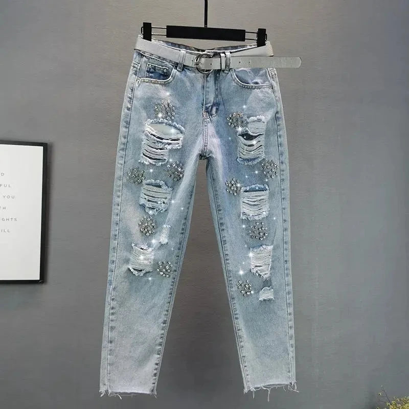 Heavy industry Diamond studded ripped Jeans Women's Street wear 2025 Summer New Loose Nine point Pants Casual Denim Trousers