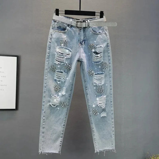 Heavy industry Diamond studded ripped Jeans Women's Street wear 2025 Summer New Loose Nine point Pants Casual Denim Trousers