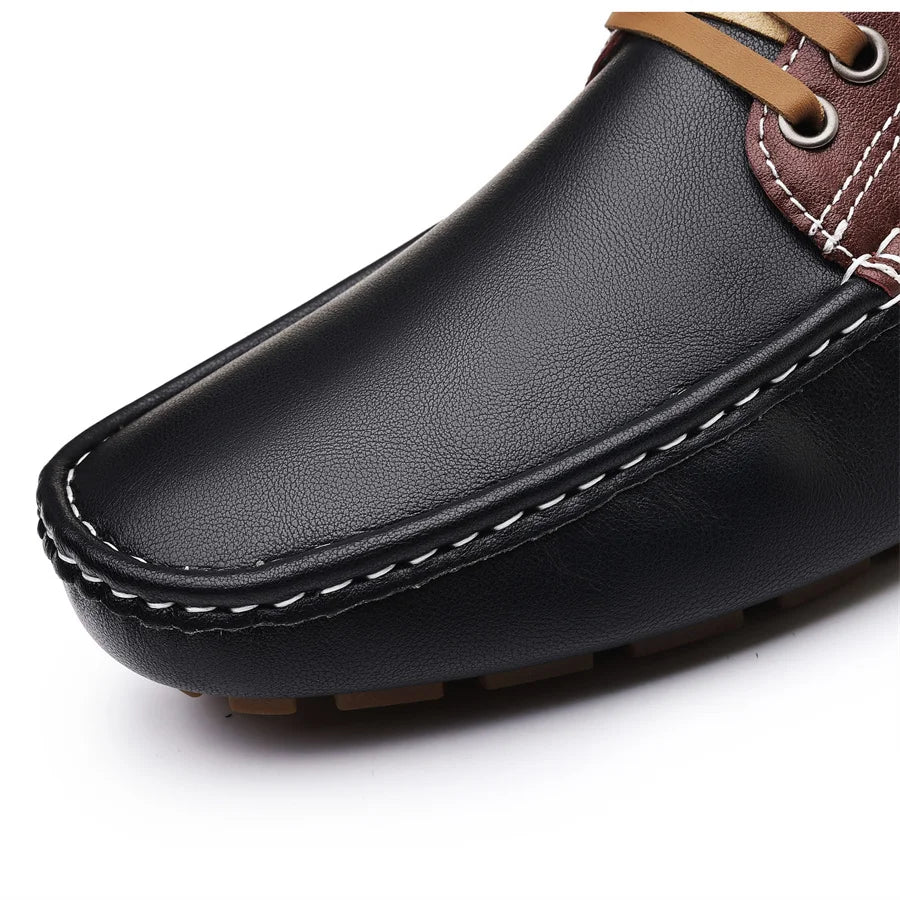 Men's Trendy Round Toe Loafer Shoes, Slip on Comfy Non Slip for Outdoor Walking Traveling Men's Soft PU Leather Lace-Up Casual