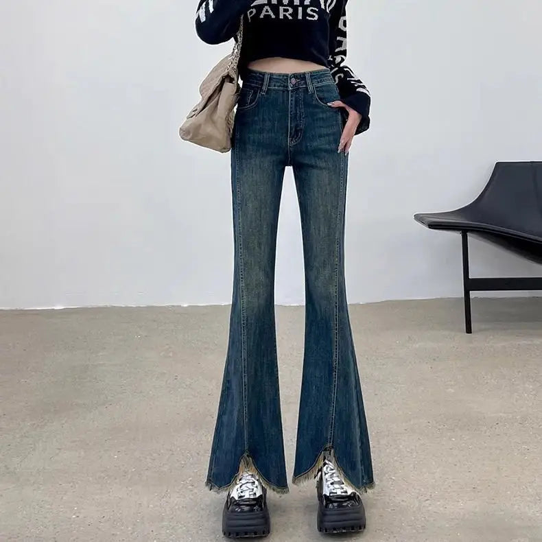 Plus-size slit elastic flared jeans for women, autumn high-waisted slimming straight wide-leg floor-length pants for plus-size