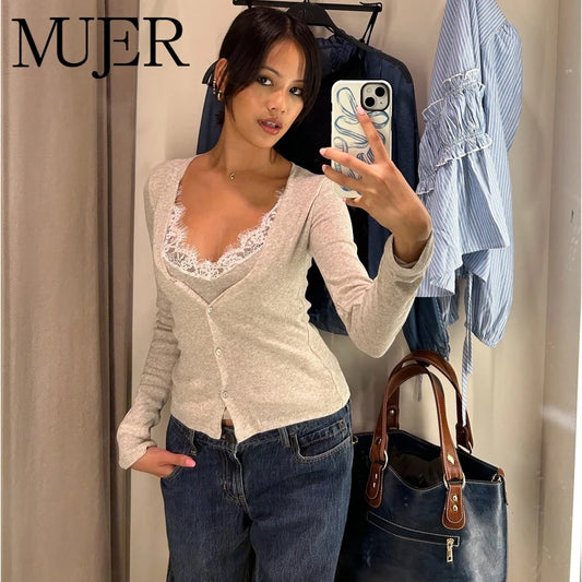 MUJER Lace Cropped Cardigan Women Button up Knit Tops Woman Vintage Knitwears Long Sleeve Knitted Cardigans Sweaters for Women