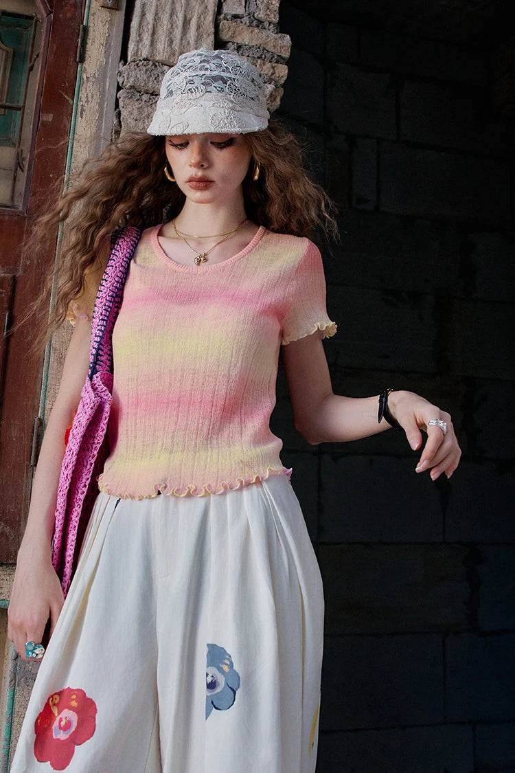 ELFSACK 2025 Summer Black Fungus Edge Round Neck Short Sleeve Casual Knitted Sweater For Women