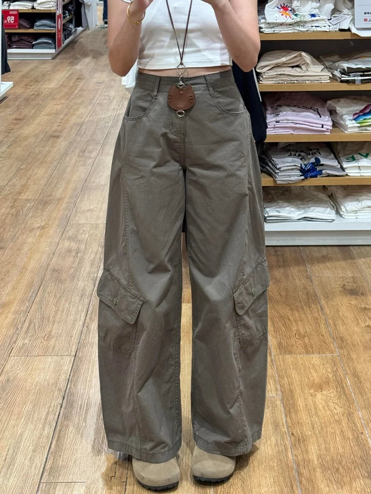 American Style plus Size Military Green Denim Pants Women's Spring Loose Slim Wide Leg Casual Trousers Multiple Pockets