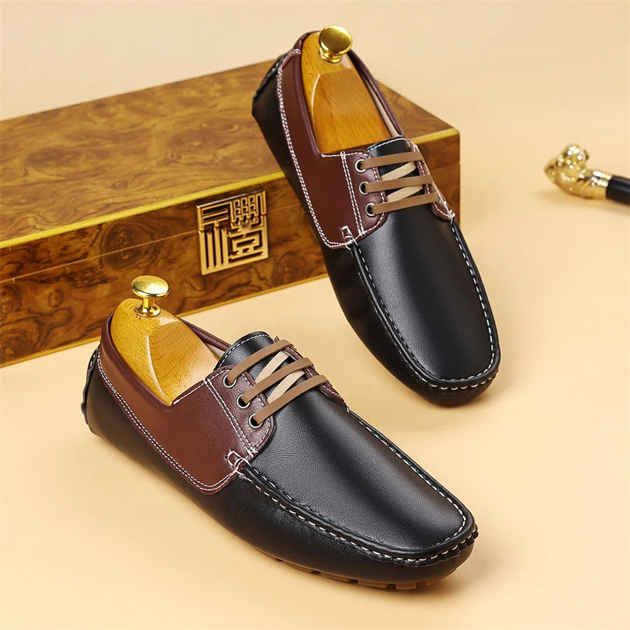 Men's Trendy Round Toe Loafer Shoes, Slip on Comfy Non Slip for Outdoor Walking Traveling Men's Soft PU Leather Lace-Up Casual
