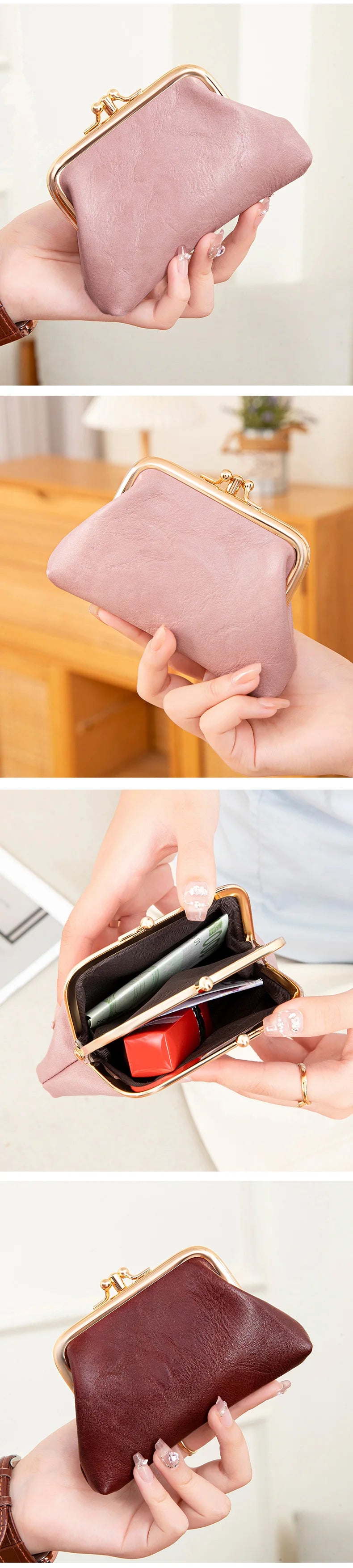 Cute Clip Lock Women's Coin Purse Retro Solid Color Bifold Kiss Lock Small Wallet Simple PU Leather Lipstick Portable Pocket Bag
