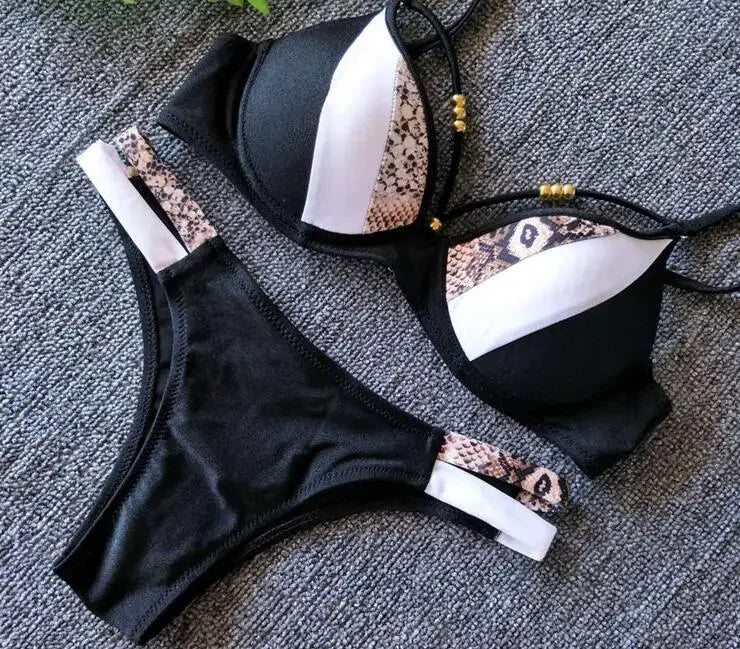 Snake Skin Print Bikini Push Up Leopard Swimsuit Female Hollow Out Swimwear Women Bathing Suit Sexy Cup Bikini Set Monokini
