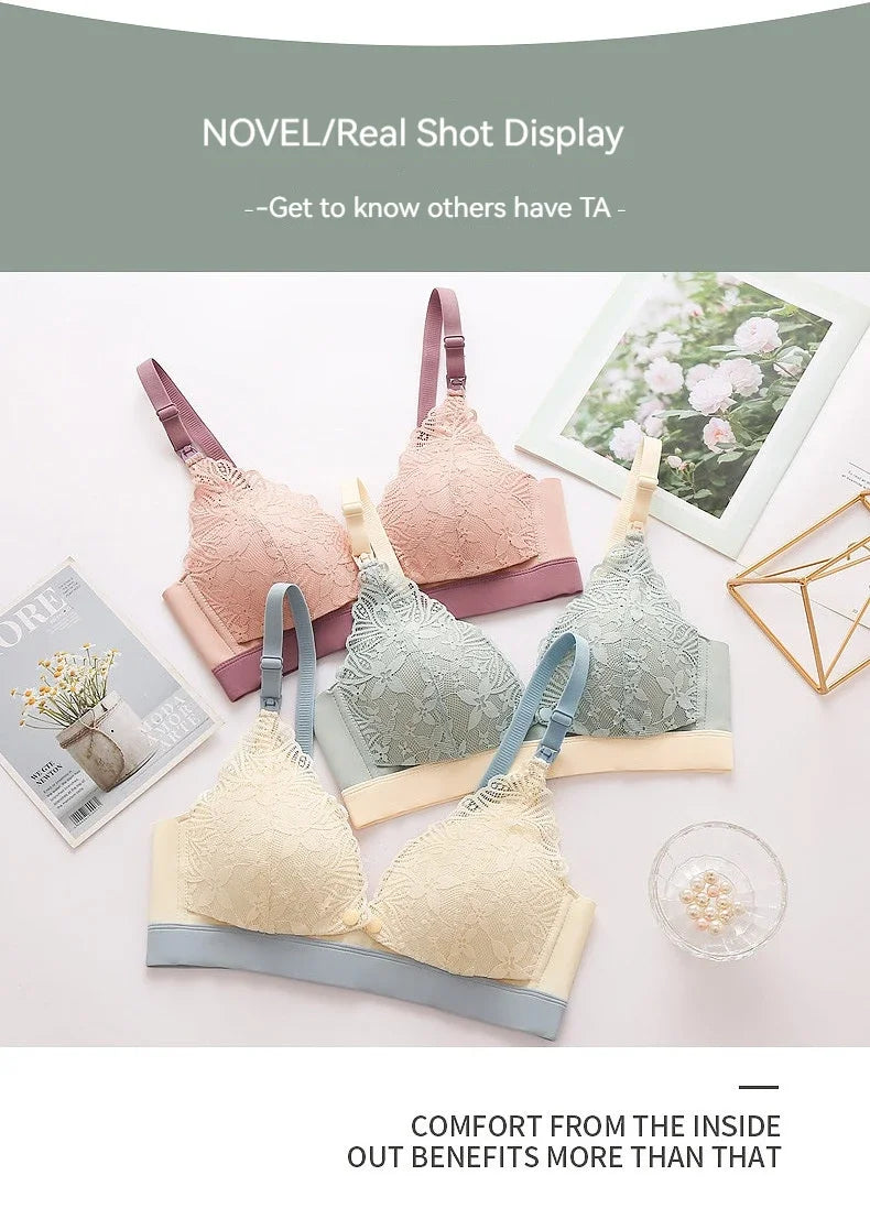 Ladies' Seamless Steel-free Thin Maternity Bra Gathered Comfortable Front-open Design For Postpartum Breastfeeding