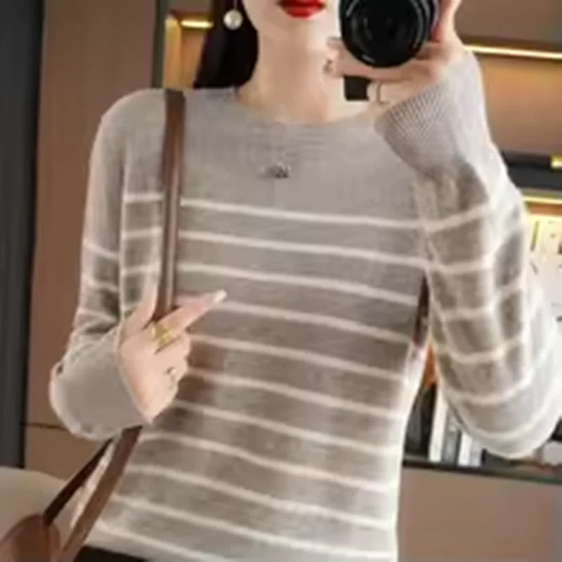 Women's Korean Version Spring Sweater With Dual Color Striped long Sleeved Round Neck New Pullover Sweater Made 100% Cotton  SMY
