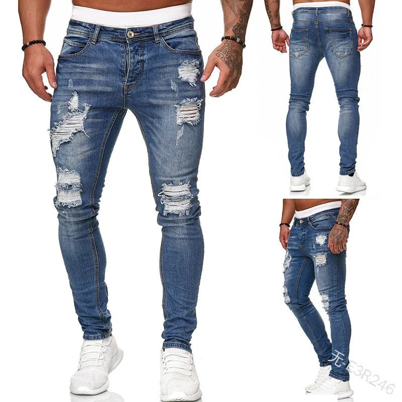 Man Pants Retro Washing Zipper Stretch Jeans Casual Slim Fit Trousers Male Plus Size Pencil Pants Denim Skinny Jeans for Men