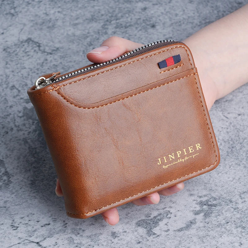 2026 New Men's Short Wallet with Zipper Large Capacity Multi-Card Slot Small Clutch Business Retro Coin Purse