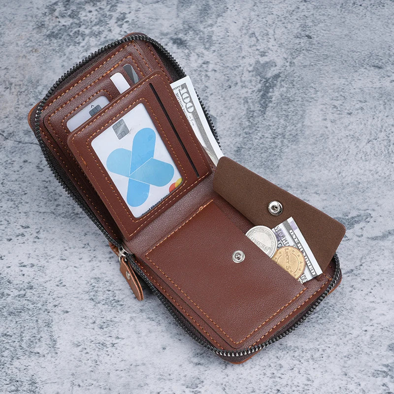 2026 New Men's Short Wallet with Zipper Large Capacity Multi-Card Slot Small Clutch Business Retro Coin Purse