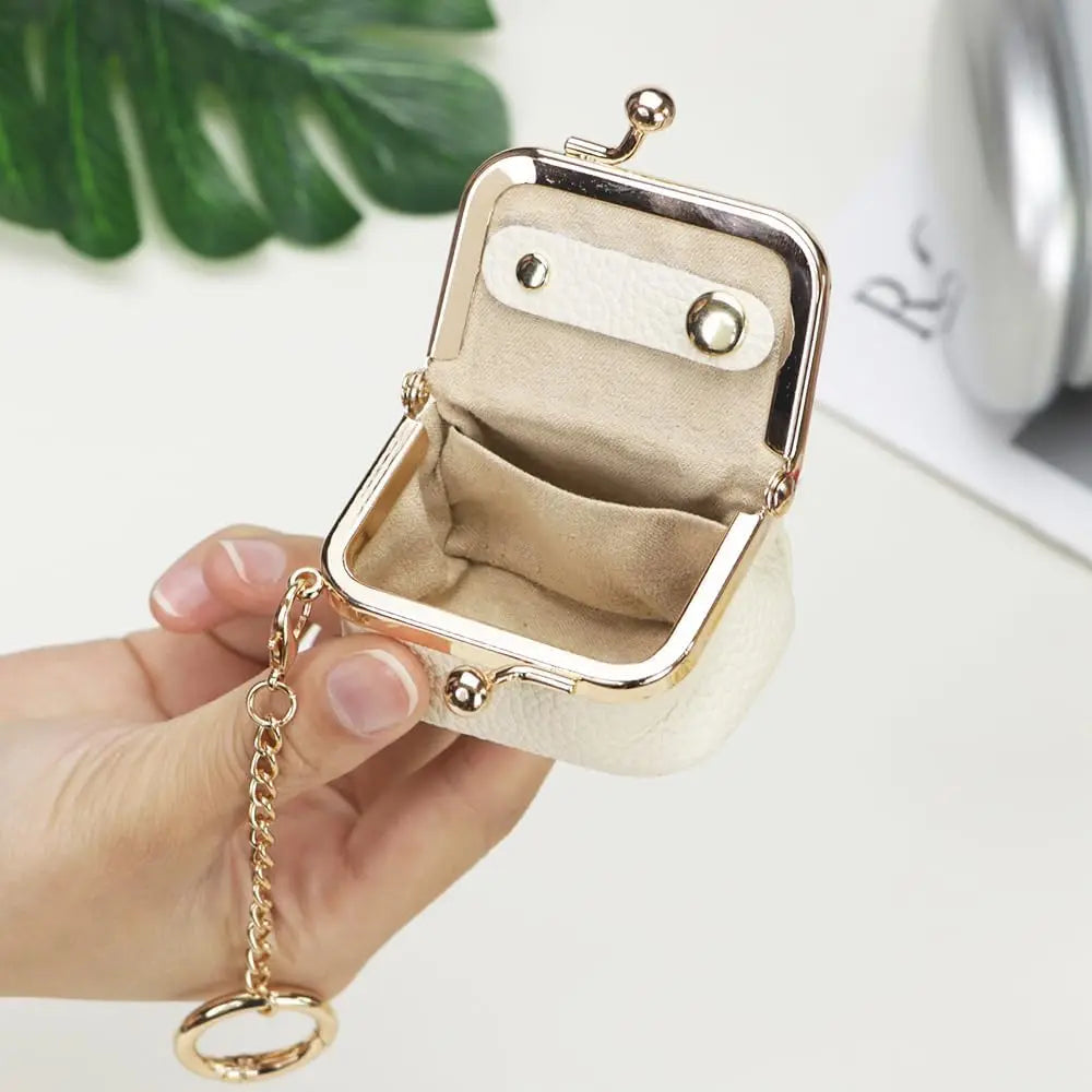 Royal Bagger Wallet Genuine Leather Kiss Lock Coin Purse Solid Color Square Leather Jewelry Bag Multifunctional Mini Small Item