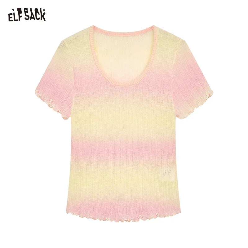 ELFSACK 2025 Summer Black Fungus Edge Round Neck Short Sleeve Casual Knitted Sweater For Women