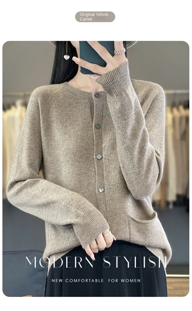 Women's Round Neck Knitted Solid Color Double Pocket Sweater For Autumn And Winter Warm And Loose Knit Cardigan Soft Wool Top ZD