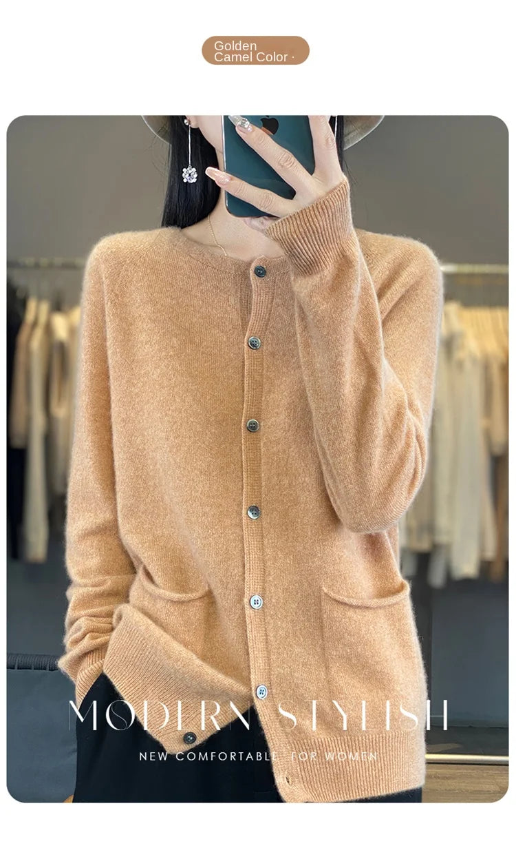 Women's Round Neck Knitted Solid Color Double Pocket Sweater For Autumn And Winter Warm And Loose Knit Cardigan Soft Wool Top ZD