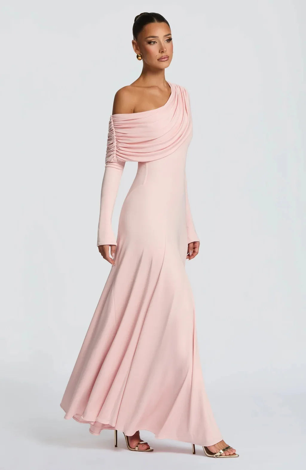 Elegant Long Sleeve Slanted Shoulder Party Club Evening Dress For Women 2025 New Dress Sexy Shrink Fold Winter Vestidos