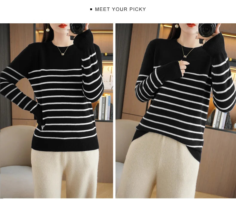 Women's Korean Version Spring Sweater With Dual Color Striped long Sleeved Round Neck New Pullover Sweater Made 100% Cotton  SMY