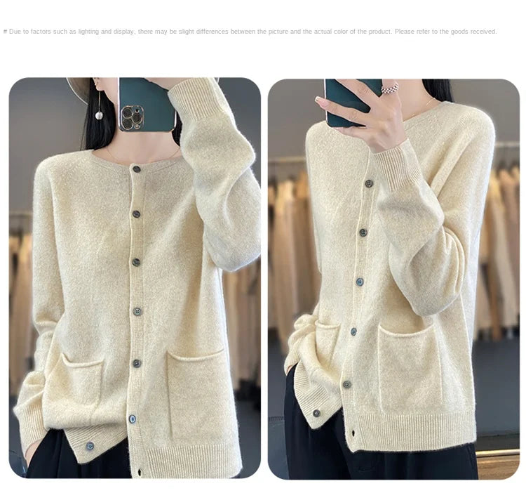 Women's Round Neck Knitted Solid Color Double Pocket Sweater For Autumn And Winter Warm And Loose Knit Cardigan Soft Wool Top ZD