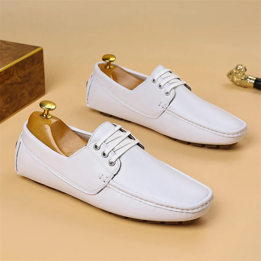 Men's Trendy Round Toe Loafer Shoes, Slip on Comfy Non Slip for Outdoor Walking Traveling Men's Soft PU Leather Lace-Up Casual