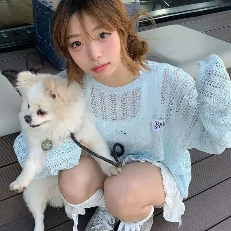 Korean Hollow Out Woman Tshirts  Long Sleeve O-neck Knitted T-shirt For Women Casual Fashion Summer sun protection clothing