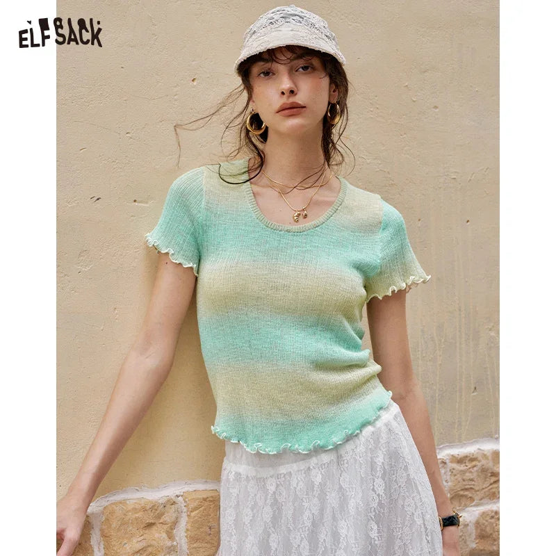 ELFSACK 2025 Summer Black Fungus Edge Round Neck Short Sleeve Casual Knitted Sweater For Women