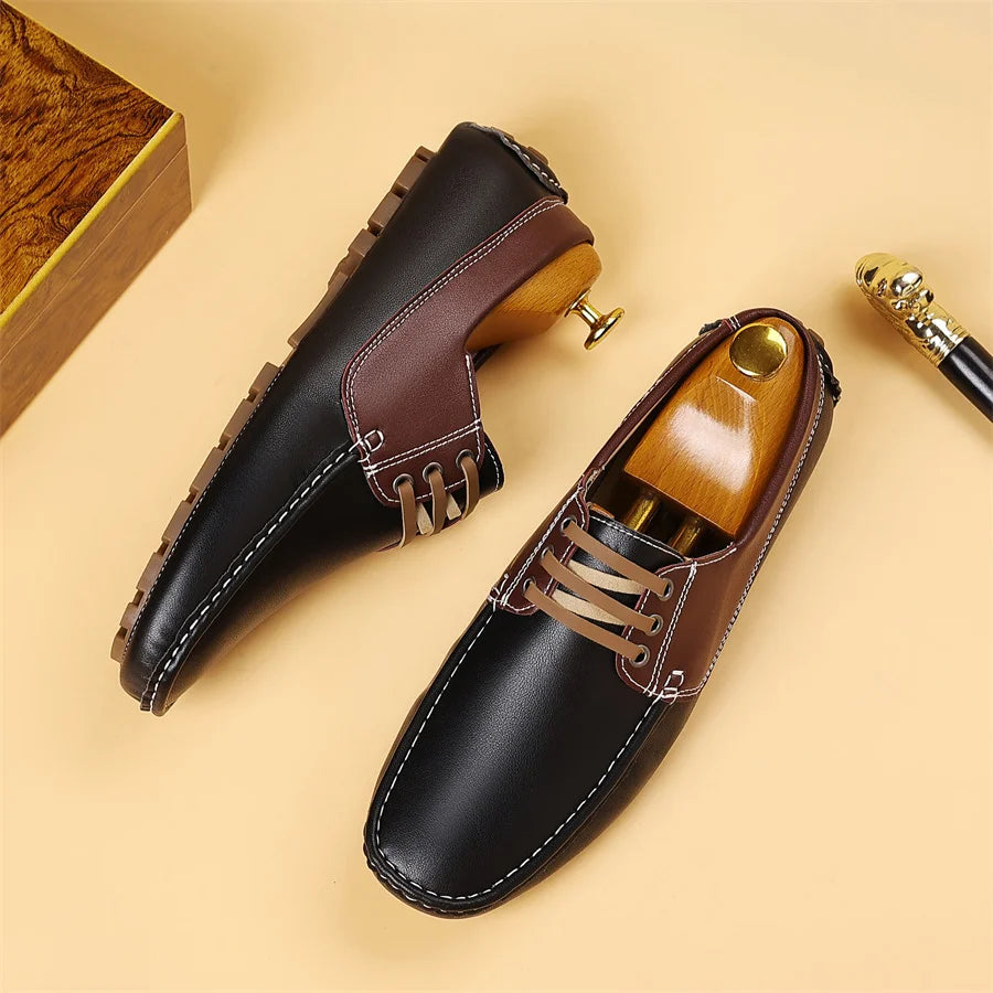 Men's Trendy Round Toe Loafer Shoes, Slip on Comfy Non Slip for Outdoor Walking Traveling Men's Soft PU Leather Lace-Up Casual