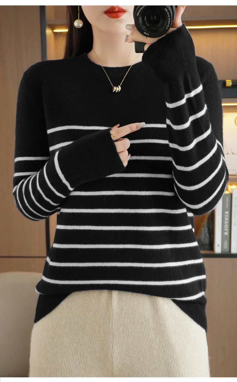 Women's Korean Version Spring Sweater With Dual Color Striped long Sleeved Round Neck New Pullover Sweater Made 100% Cotton  SMY
