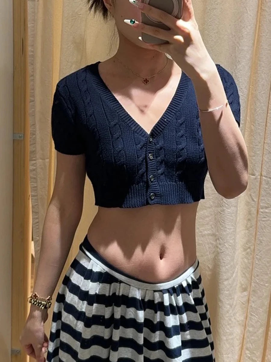 Twisted Flower Cropped Knitwear Women Cotton V-neck Single Breasted Long Sleeve Slim Crop Tops Vintage Chic Sweater Cardigan Y2K