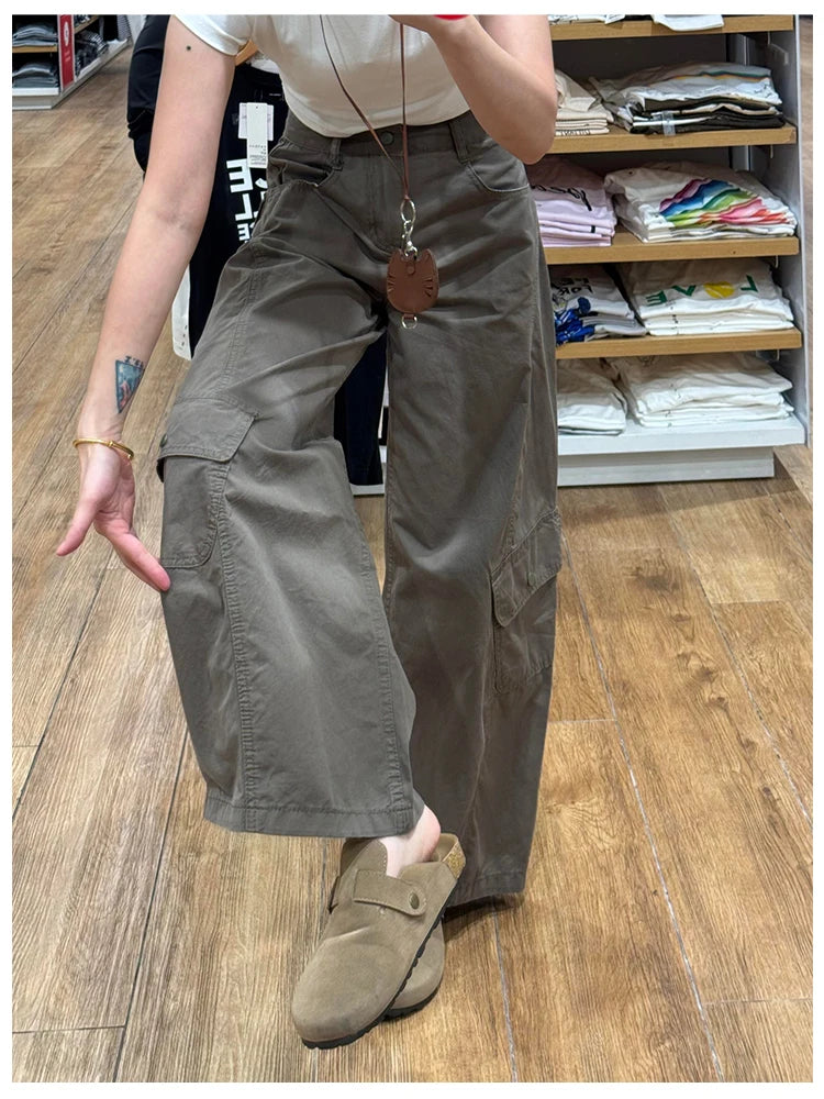 American Style plus Size Military Green Denim Pants Women's Spring Loose Slim Wide Leg Casual Trousers Multiple Pockets