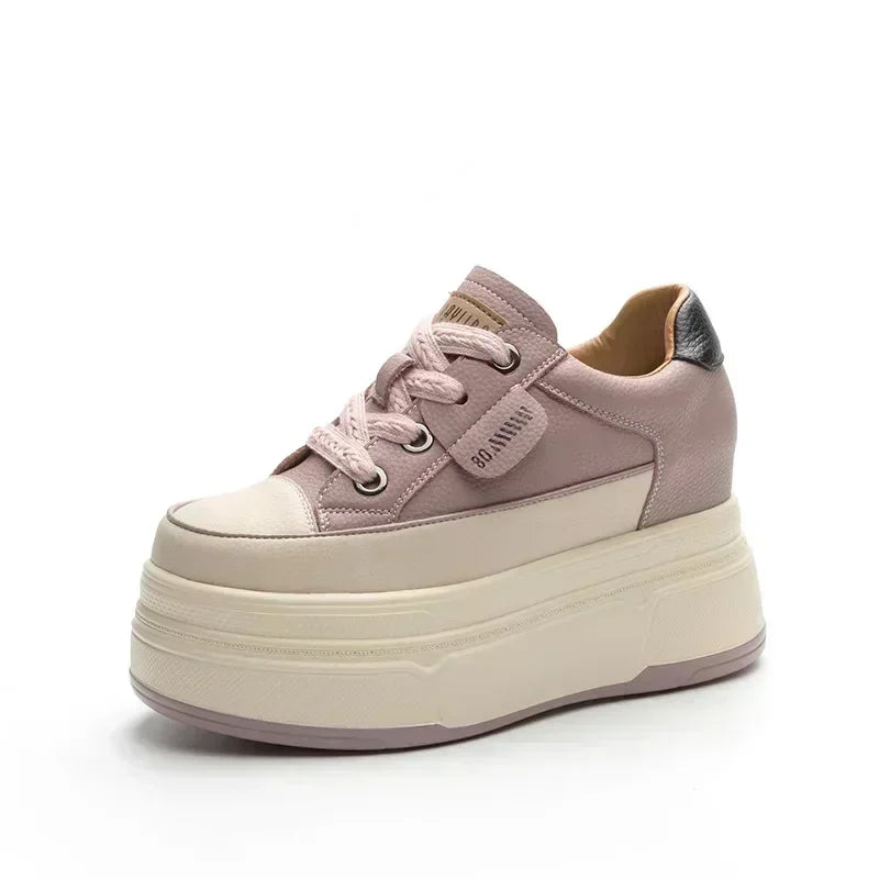 Fujin 9cm 3 inch comfortable platform sneakers for women Genuine Leather Women Vulcanized Shoes Platform High Heels Casual Shoes