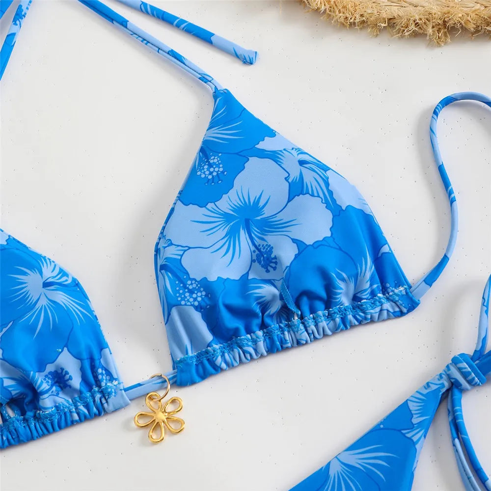 Blue Floral Print Swimwear Halter String Triangle Bikini Micro Mini Thong Sexy Swimsuit Women 2026 Bather Biquinis Bikinis Sets