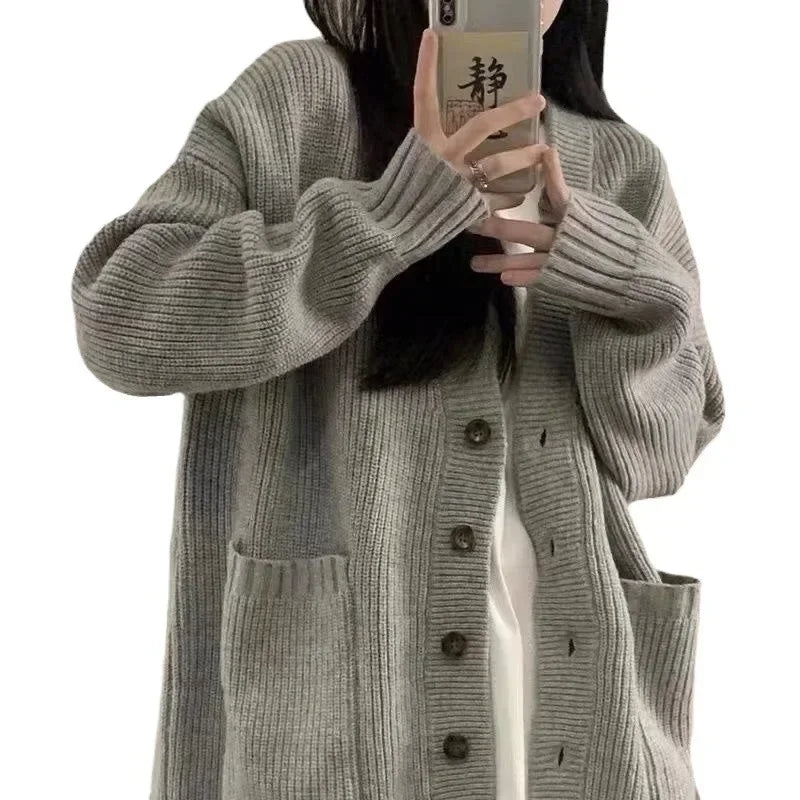 2024 New Preppy Style Women's Knit Sweater Cardigan Loose Fit V-neck Versatile Solid Color Korean Version Pullovers